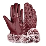 Vbiger Womens Leather Gloves Texting Touch Screen Gloves Warmest Mittens With Soft Fur (Red)