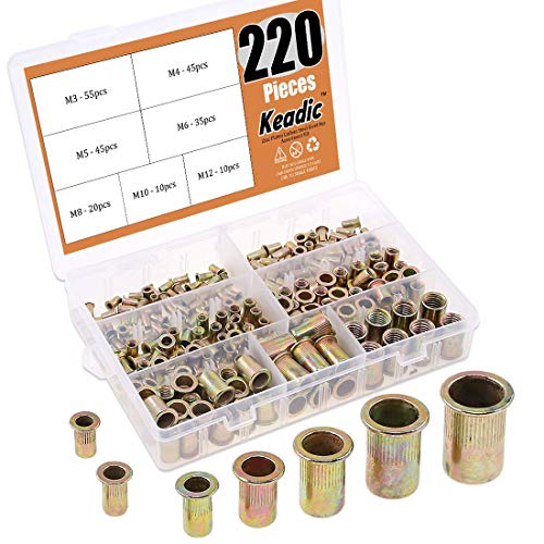 Keadic 220Pcs Metric Zinc Plated Carbon Steel Rivet Nut Flat Head Threaded Insert Nutsert Assortment Kit - 7 Sizesï¼šM3 M4 M5 M6 M8 M10 M12