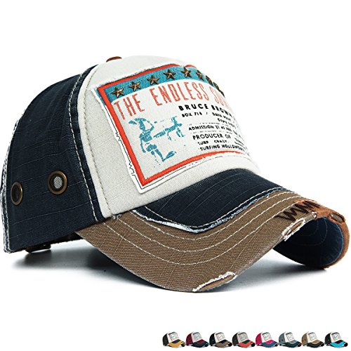 Rayna Fashion Distressed Curved Brim Trucker Hat Baseball Cap Printed Embroidered Patch Navy