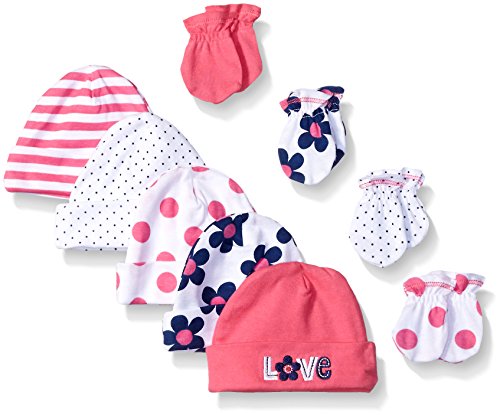 Gerber Baby Girls' 9 Piece Cap (0-6M) and Mitten (0-3M) Bundle, Flower, Newborn