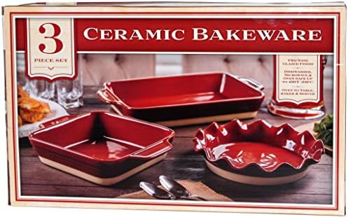 Ceramic Bakeware 3-Piece Set - Square Baker, Pie Plate, Rectangular Baker (Red)