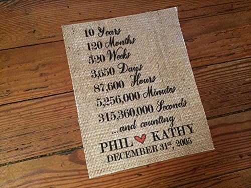 Burlap"10 Years And Counting" - Personalized 10th Wedding Anniversary - Tenth Anniversary Gift for Him Her - Decade of Love
