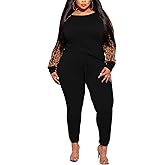 Plus Size Leopard Print 2 Piece Outfit for Women Sweatsuits Sets Tops and Sweatpans Sweatsuits Tracksuits