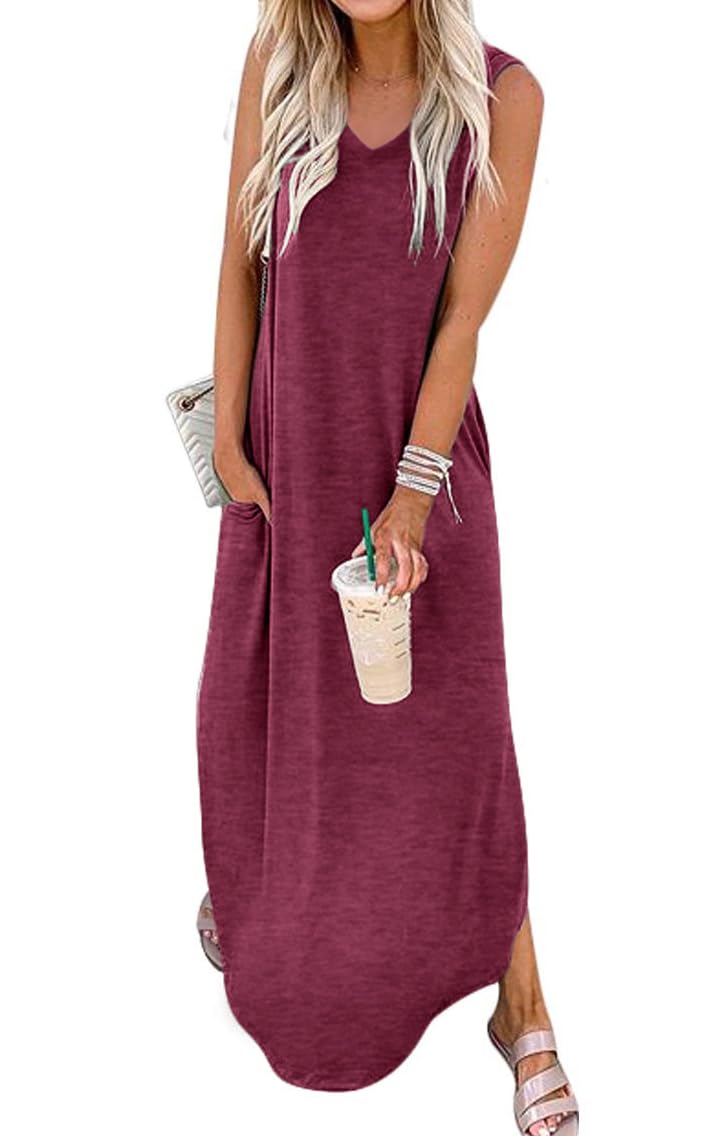 Photo 1 of Women's Loose Sundress Long Dress Sleeveless Split Maxi Dresses 2025 Summer Beach Dress with Pockets med 