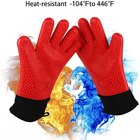 Silicone BBQ /Cooking Gloves with Cotton Lining - Best Heat Resistant Oven Gloves Long Wrist Protection Waterproof Non-slip Grill Gloves Oven Mitts for  Grilling Cooking, Baking, Smoking(Pair)