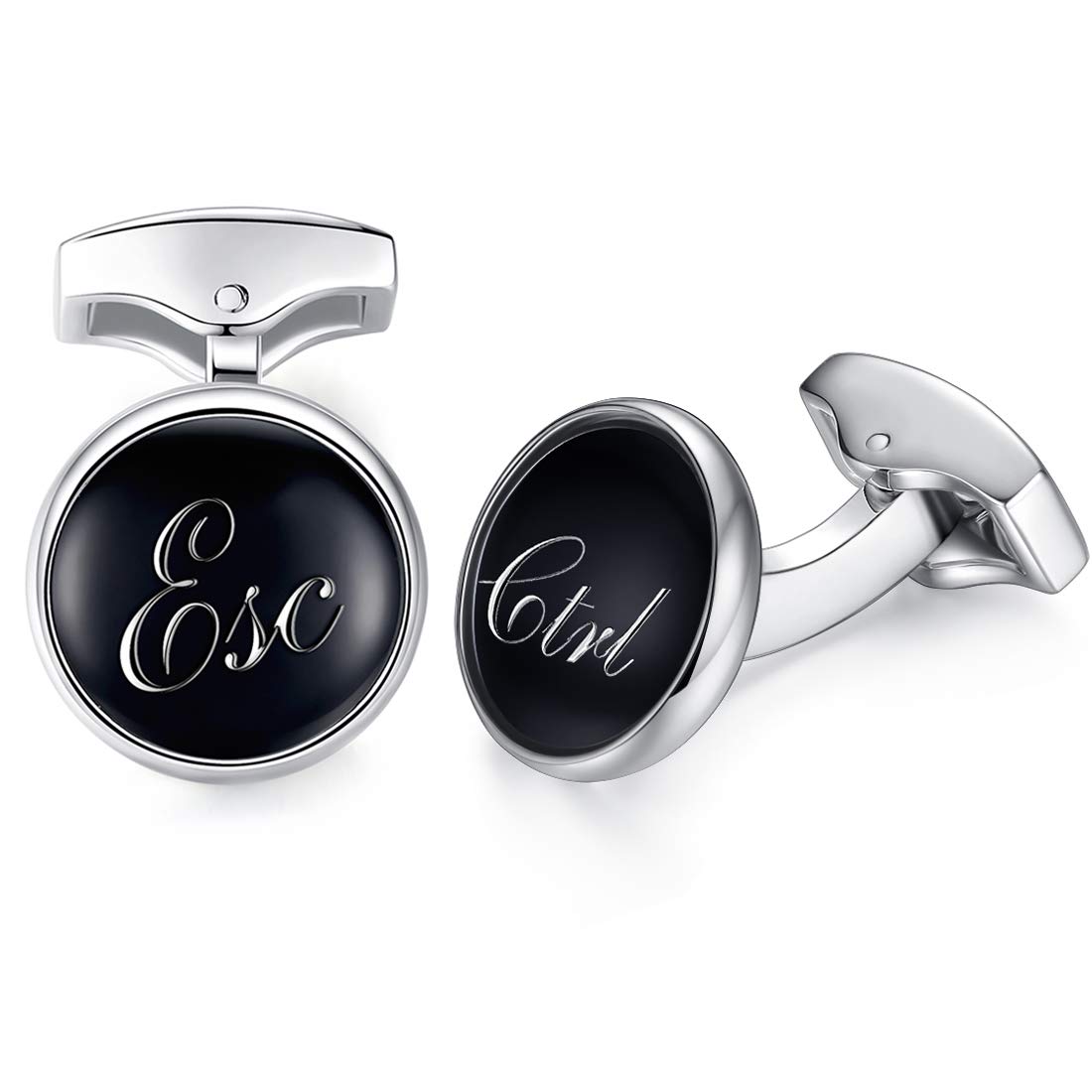 HONEY BEAR Ctrl Esc Cufflinks for Men - Stainless Steel Computer Keys Novelty Gift Silver (Black Round)
