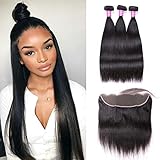 Sterly Brazilian Straight Hair 3 Bundles With Frontal 13x4 Ear To Ear Lace Frontal With Bundles Unprocessed Virgin Human Hair Extensions Natural Color (14 16 18+12)
