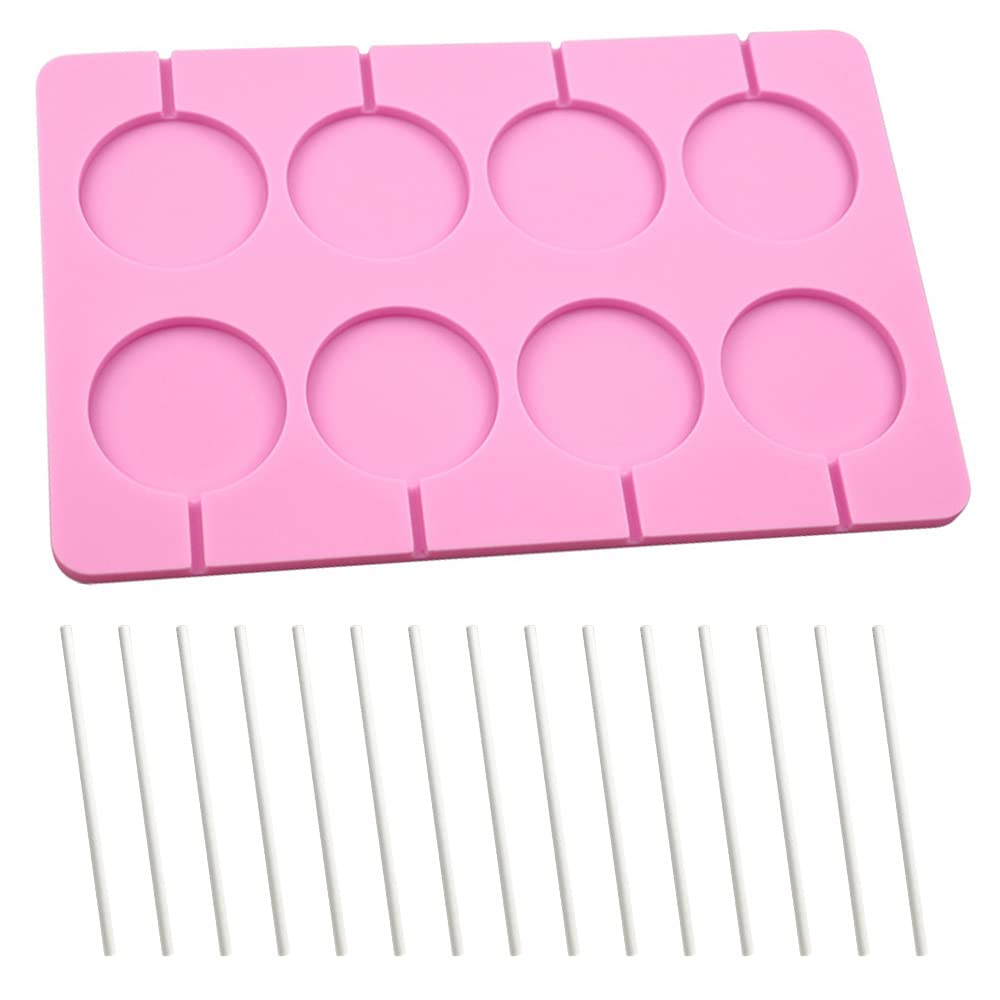 XUELIYUN 8 Cavity Silicone Lollipop Mould with 20 Lollipop Sticks, Round Silicone Mold, Pink