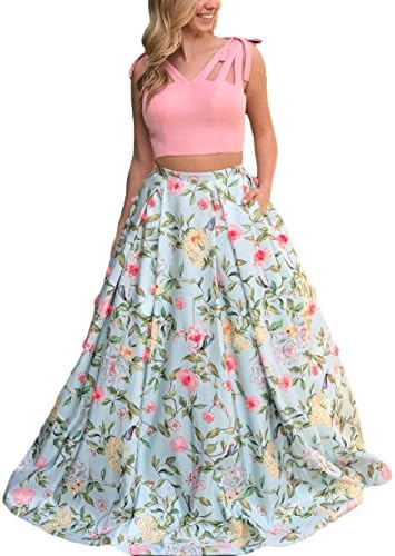 wildestdreamsbridal 2018 Women's Two Piece Floral Print Prom Dresses Long With Open Back