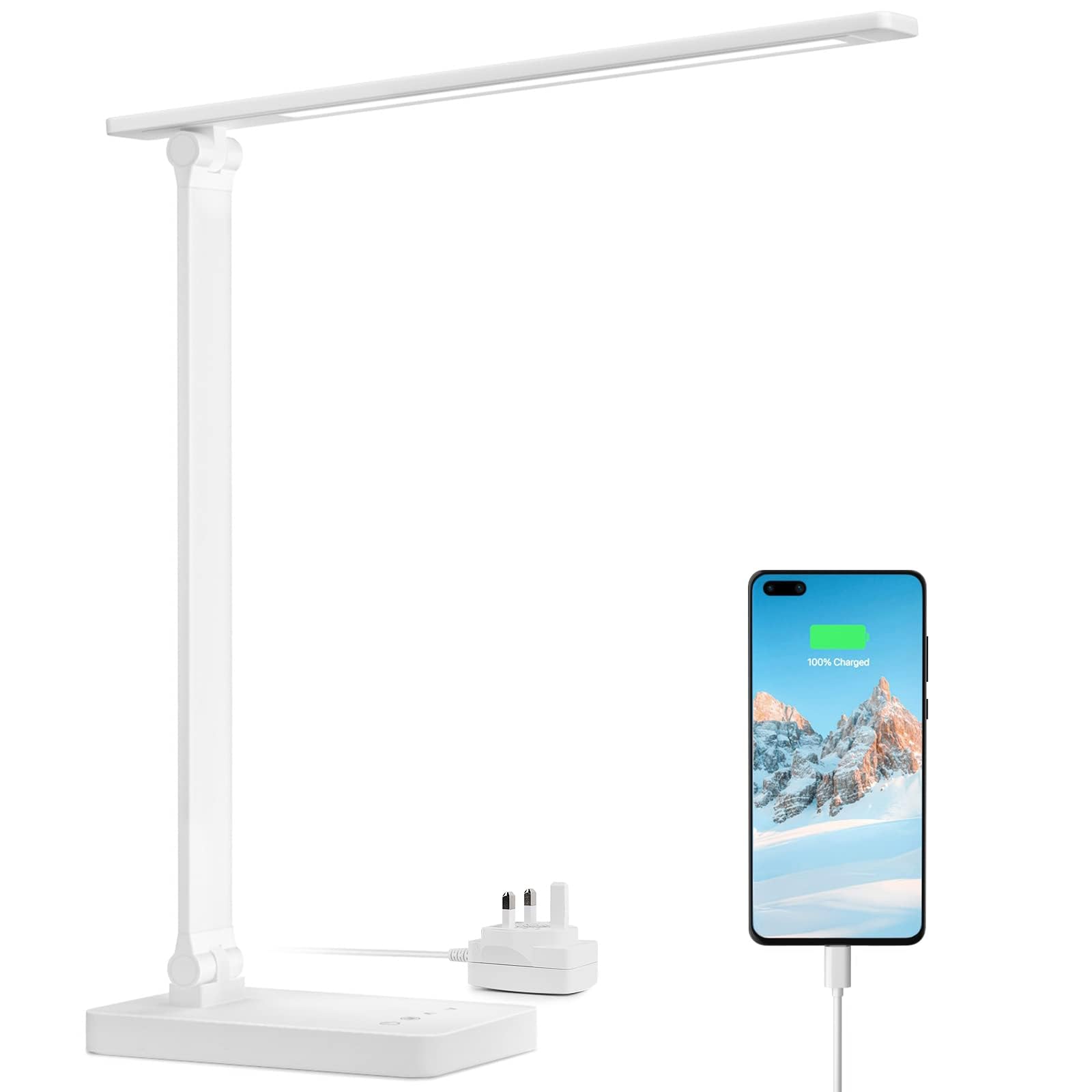 Lepro LED Desk Lamp, Desk Lamp with Power Adapter, 655lm, Desk Lamps Office with USB Charging Port, 5 Brightness Levels x 3 Colour Mode, Touch Control Daylight Lamp for Office, Nails, Study, Bedroom