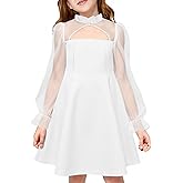 Haloumoning Girls Dresses Contrast Mesh Puff Long Sleeve Dress Kids High Waist A Line Wedding Party Dress 5-14Y