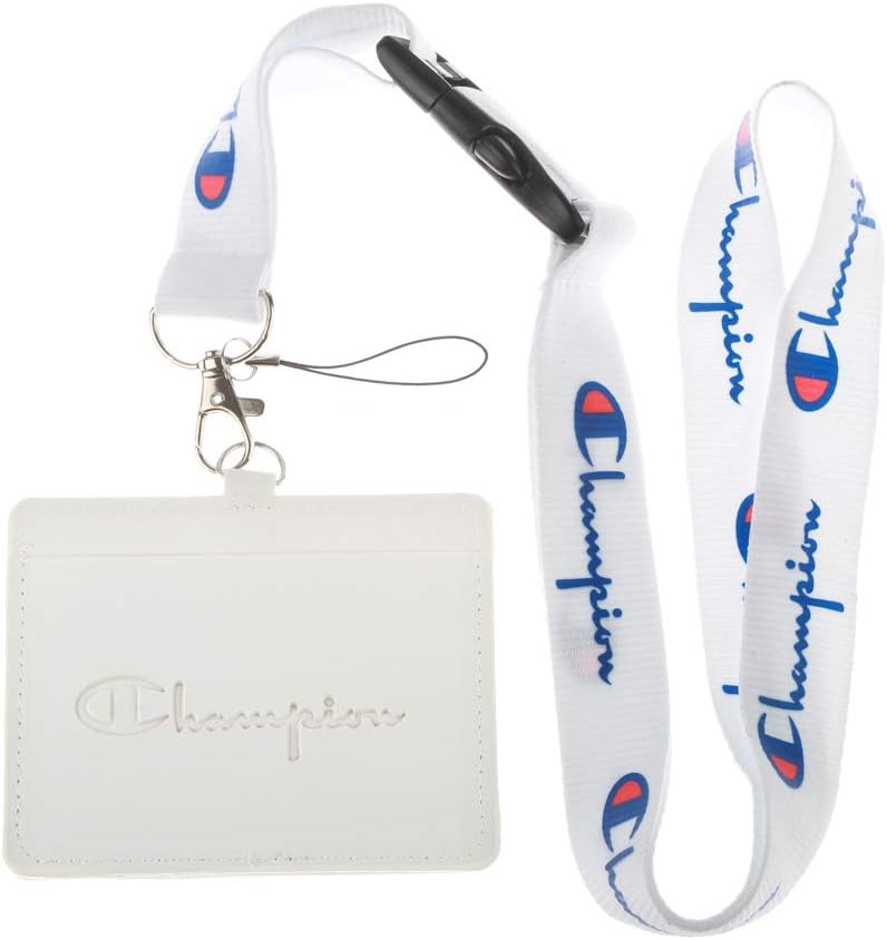 Champion White Faux Leather Business ID Badge Card Holder with (White with Blue) Keychain Lanyard