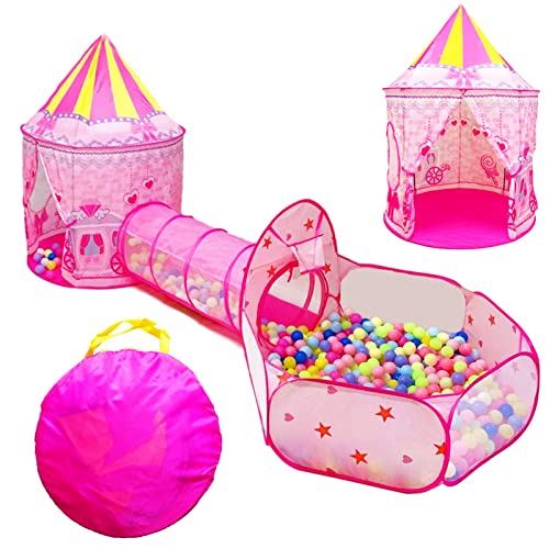 LOJETON 3pc Girls Princess Fairy Tale Castle Play Tent, Crawl Tunnel & Ball Pit with Basketball Hoop for Kids Toddlers, Indoor & Outdoor Playhouse (Pink), Oval Tunnel