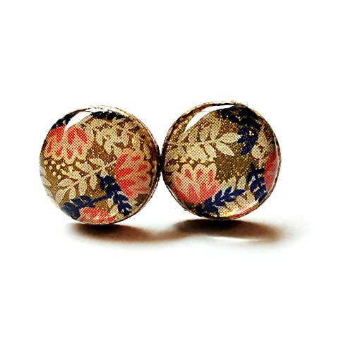 Sparkly gold with coral and navy floral print wood stud earrings, 10mm