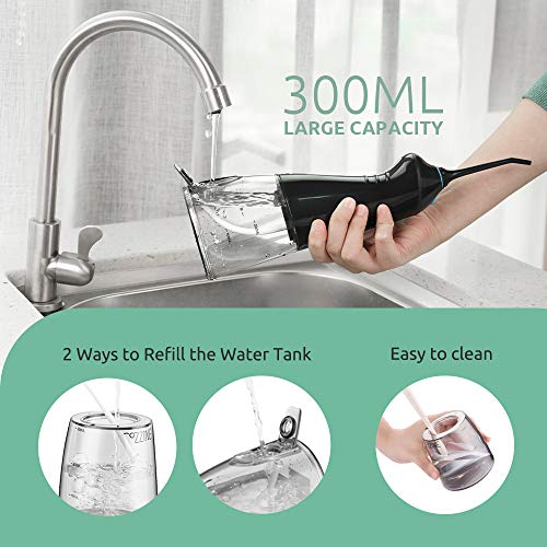 Water Flosser Cordless Dental Oral Irrigator, Cozzine 300ML Professional Portable Rechargeable Water Flossing for Trave & Home, IPX7 Waterproof 3 Modes Teeth Cleaner with 4 Jet Tips, Black - Thumbnail 5