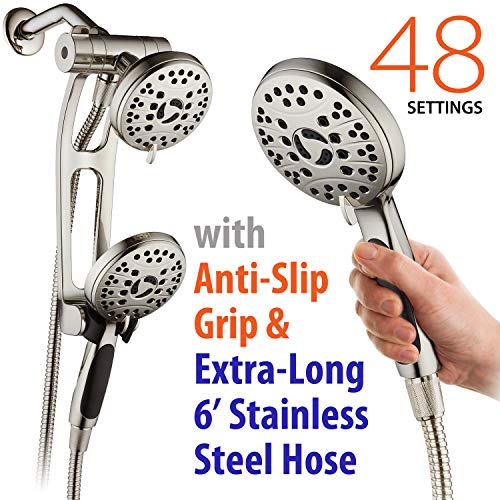 AquaSpa High Pressure 48-mode Luxury 3-way Combo with Adjustable Extension Arm - Dual Rain & Handheld Shower Head - Extra Long 6 Foot Stainless Steel Hose - All Brushed Nickel Finish - Top US Brand