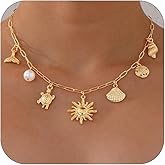 Lydow Charm Necklace for Women, 14K Gold Plated Shell Sun Starfish Summer Beach Necklace 16+3" Paperclip Chain Jewelry Gifts