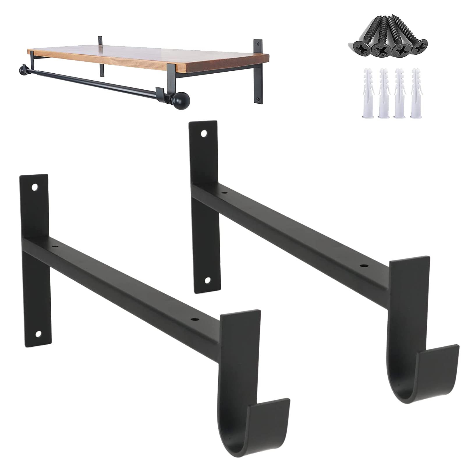 AddGrace Shelf Brackets with Hook, Black Shelf Brackets 12inch, 2pcs Wall Mounted Heavy Duty Shelf Brackets, Industrial Iron Shelf Supports (Black) 12"