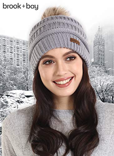 Brook + Bay Faux Fur Pom Pom Beanie for Women - Warm & Cute Cable Knit Winter Hats - Thick, Chunky & Soft Stretch Knitted Caps for Cold Weather - Stylish & Trendy Snow Beanies for Ladies - Thumbnail 2