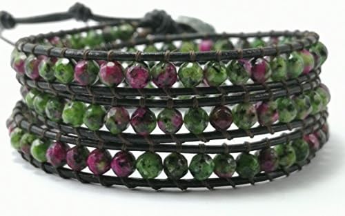 Ruby Zoisite 3 Wrap Leather Bracelet,Leather bracelet,Beaded Bracelets,Womens Boho Jewelry,Bohemian wrap,Ruby Zoisite bracelet,Unisex bracelet - size 20-22 inches