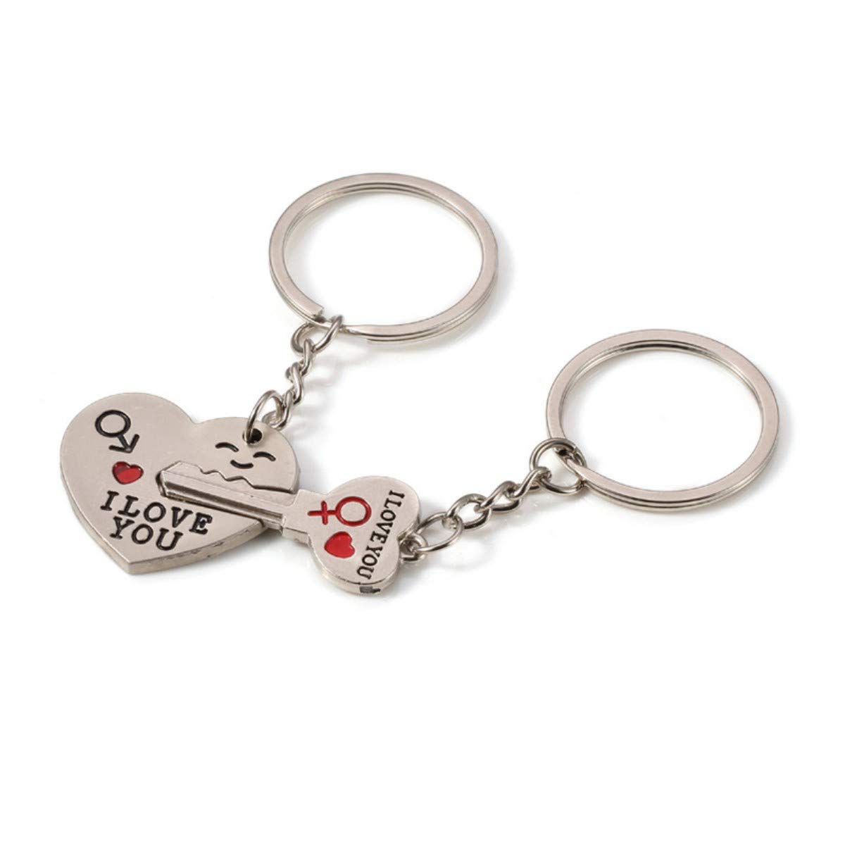 ODETOJOY 1Pair Silver Steel Couple Keyring His and Her Valentines Keyrings I Love You Heart & Key Chain Ring for Boyfriend Girlfriend Present for Husband Wife (Key to heart)