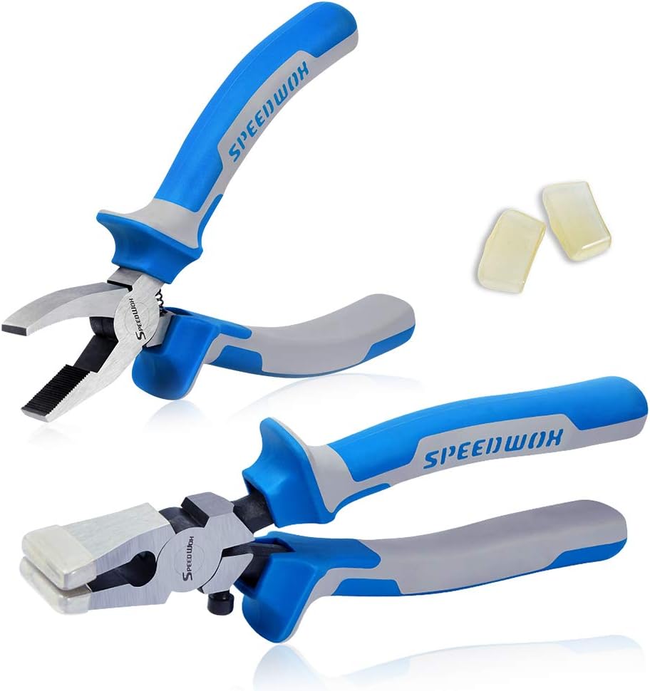 2 Piece Glass Breaker Pliers and Hammer Set including 2 works Rubber Tips, Professional Glass Cutting Pliers, Blue