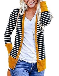 KIRJAUDU - Camiseta de manga larga para mujer, diseño de rayas, con botones de presión, cuello en V