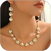 LNNVKRV Gold Pearl Pendant Earrings Necklace Set for Women Vintage Adjustable Irregular Geometry Imitation Pearl Choker Necklace Earring Trendy Holiday Wedding Prom Jewelry Set for Women