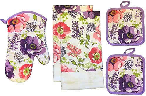 Set of 5 100% Cotton Kitchen Towel Set, 2 Kitchen Towel, 1 Oven Mitt, 2 Pot Holder. (Spring Flower)