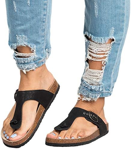 Ermonn Womens Thong Flat Sandals Buckle T Strap Summer Flip Flops Faux Leather Cork Sandals