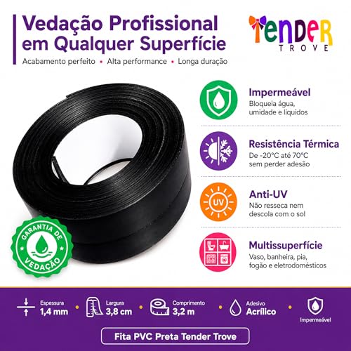 Tender Trove Fita Vedacao PVC Preta Para Banheiro Cozinha e Eletrodomesticos, Impermeavel Prova Dagua, Veda Frestas e Impede Insetos, 3,8cm x 3,2m (1)