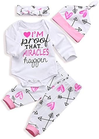 4Pcs Valentine's Baby Girls Pink Shirt Long Sleeve Romper Pants Set+Hat+Headband(0-3Months)