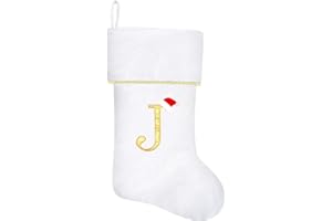 Subyan 20 Inches Initial Monogram White Christmas Stocking, Personalized Large Embroidered Letter Velvet Christmas Stocking with Gold Trim Decoration for Family Christmas Holiday Party Decor(Letter J)