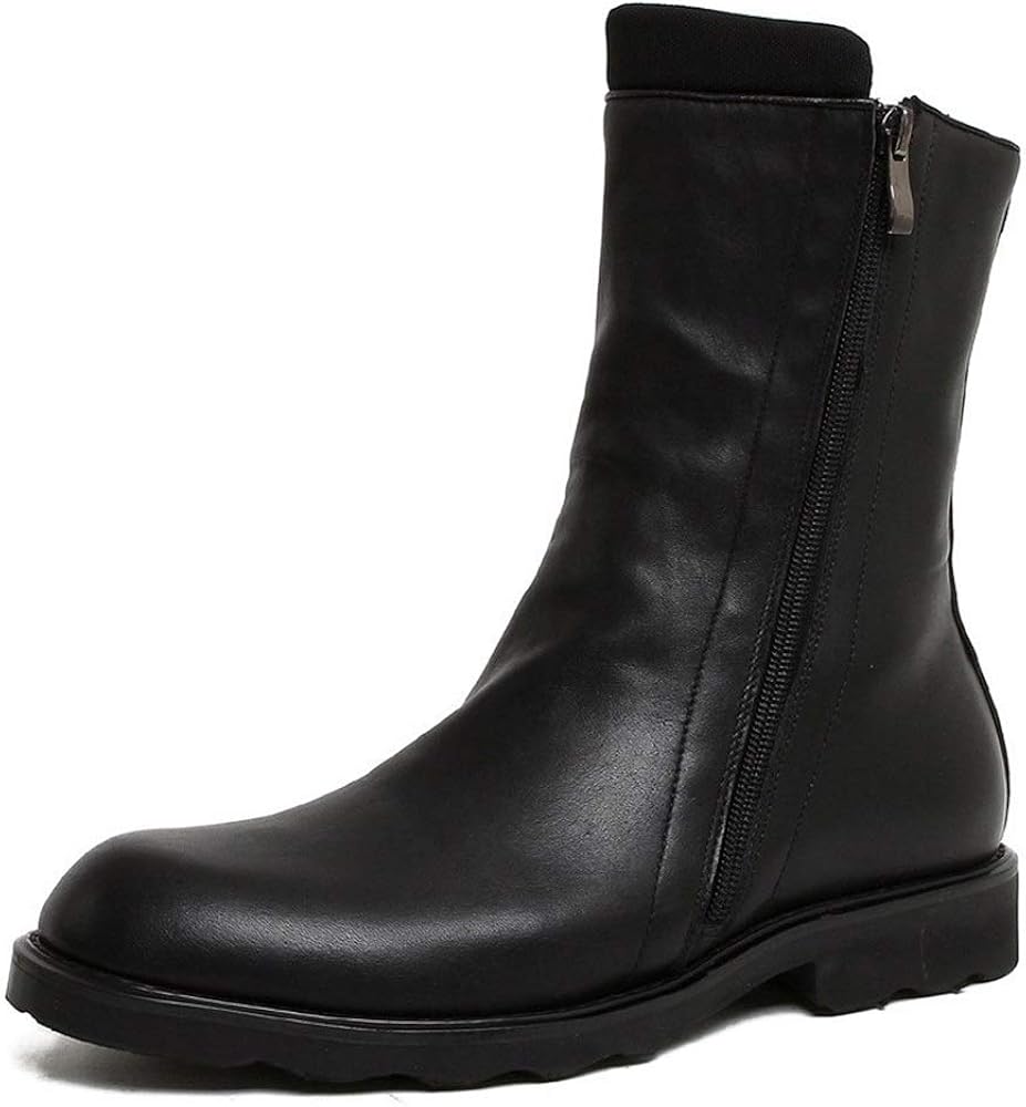 Fiesso Casual Motorcycle Boots for Men MiddleCalf Boot Pull On Style Genuine Leather Side