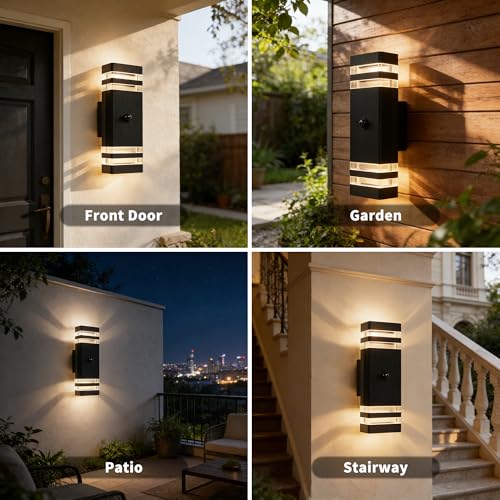 YOVGQOLV PIR Outdoor Wall Lights with Motion Sensor, IP54 Waterproof Up Down Outside Light Mains Powered Square Front Door Porch Light Exterior Sconce Lamp Included 2x5w 3000K GU10 Bulb, Black