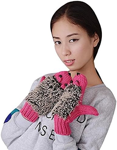 YouZi Women's Cartoon Hedgehog Winter Cotton Gloves Girls' Thick Mittens (Pink)