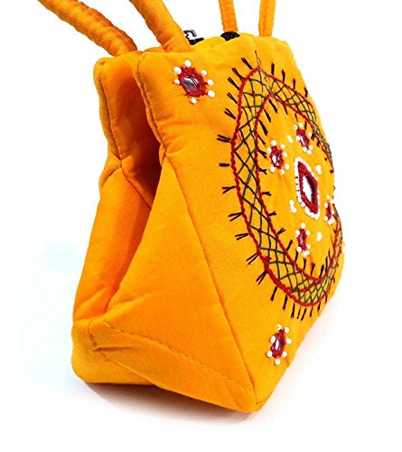 belladona samosa cut small mirror work bag in yellow