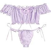Fgnuay Women's Self Tie Ruffle Trim Dobby Mesh Lingerie- Sexy Underwire Cute Push Up Strappy Embroidered Sheer - Bra and Panty Set Ruffle Lingerie Set Mesh (Purple)