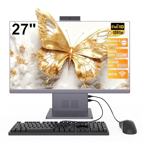 SUKOTOP 27 Inch All in One PC Ryzen 5 7640HS (up to 5.0GHz) 6 Core Processor Computer All in One 16GB RAM 512GB SSD with Webcram WiFi6 Bluetooth5.3 Wired Keyboard & Mouse