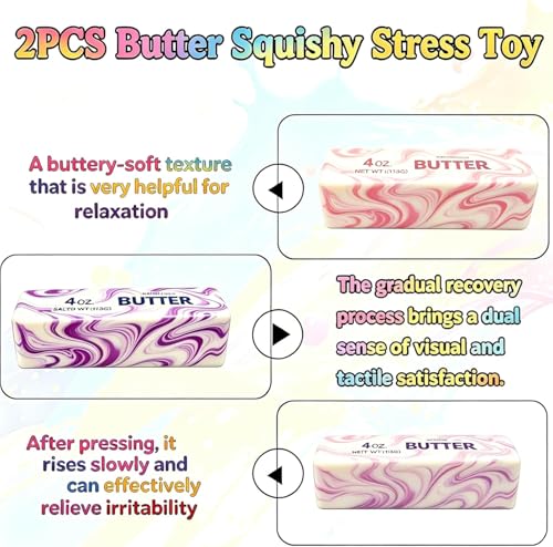 2 Pieces Squishy Butter Stress Relief Toy for Children and Adults, Slow Rebound Butter Squishy, Soft Sensory Butter for School, Office, Gifts and Relaxation