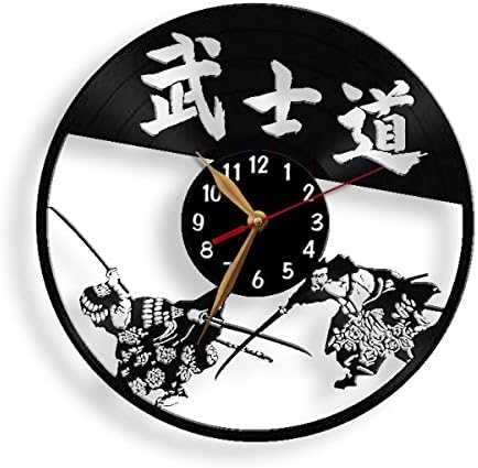 Samurai Wall Clock, Vinyl Record Clock 12 inch (30cm) / Laser cut of Vintage Vinyl Record (Black clockface, Arabic digits)