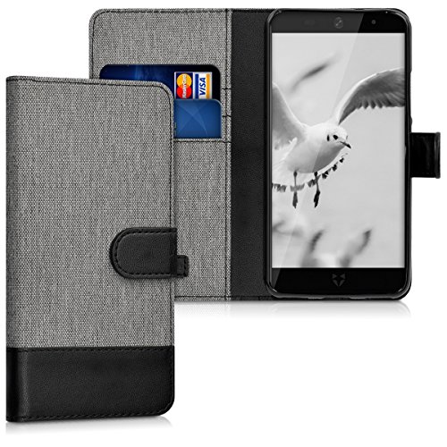 kwmobile Wallet case canvas cover for Wileyfox Swift 2 - Flip case with card slot and stand in grey black