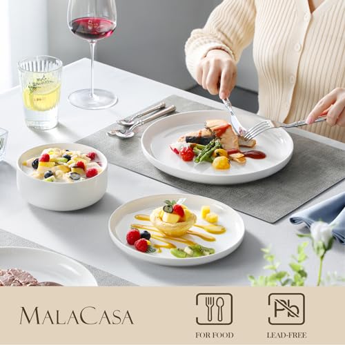 MALACASA Plates and Bowls Sets, 18 Pieces Porcelain Dinnerware Sets Dishware Sets Chip Resistant Ceramic Dish Set Dining Dinner Ware Service for 6, White, Series LUNA