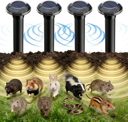 Uffylle Pack of 4 Mole Repellent, Maximum Coverage 900 m² Solar Mole Repeller Test Winner Vole Repeller Vibration Vole Repellent IP68 Mole Fence Against Moles & Voles