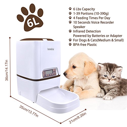 Automatic Dog Feeder Iseebiz 6 Liter Automatic Pet Feeder Food Dispenser for Dog Cat with Voice Recorder 4 Meal Timer Programmable Medium and Large Pet