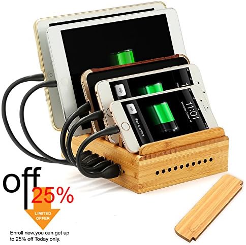 40W/8A 5 port Bamboo charging station for iPhone 8 X 7s iPad Air Samsung Galaxy S7 S8 Edge HTC Kindle Fire HD 7 8 Multi-device charger station with detachable baffles &amp; iSmart Charging Station