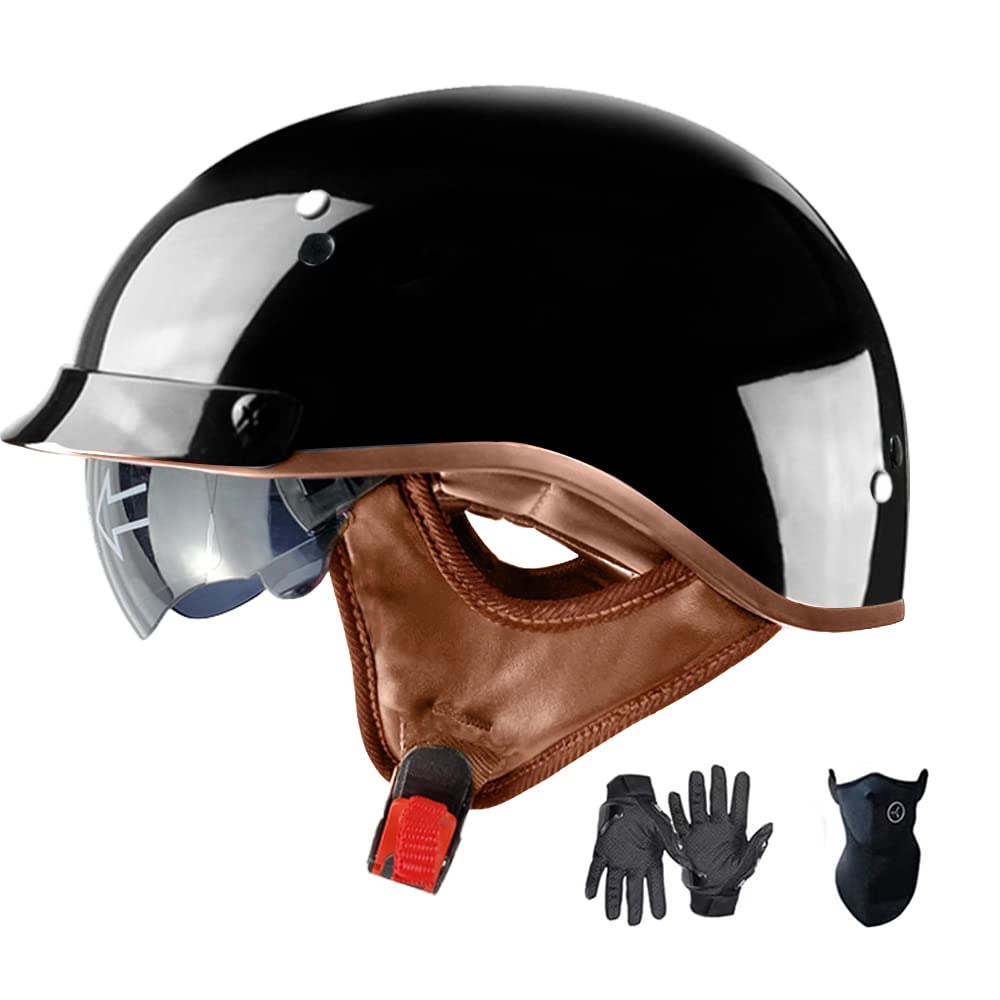 Photo 1 of Motorcycle Half Helmet with Retractable Inner Sun Shade Quick Release Buckle DOT Approved Half Face Cycling Helmets for Men Women Adult(Glossy Black,Medium)