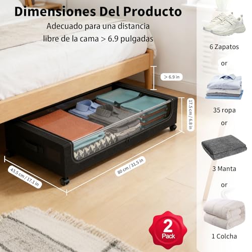 Organizador de Almacenamiento para Cama, 2pcs Contenedores de Almacenamiento Debajo de La Cama con Ruedas, Zapatera Bajo Cama para Ropa, Mantas, Juguetes, Zapatos y Libros
