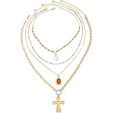 Pearl Cross Pendant Necklace for Women,Dainty 14k Gold Plated Layered Necklaces Trendy Crucifix Pendant Choker For Woman Fashion Jewelry
