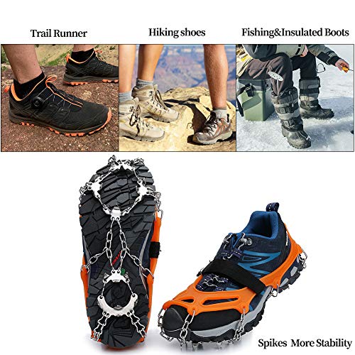 Crampons Traction Cleats Ice Cleats Snow Grips Grippers Anti Slip Stainless Steel Microspikes with 19 Spikes 1 Free Pouch for Men Women Boots Shoes Hiking Backpacking Mountaineering